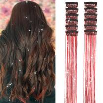 Pacote de 12 peças de enfeites de cabelo com clipe em Hair Tinsel Glitter Red Tinsel Extensions, Festival Tinsel Fairy Hair Extension Party Dazzle Hair Accessories, kit de fios para mulheres, meninas e crianças (12 unidades, vermelho, nº)