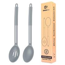 Pacote de 2 colheres de cozimento de silicone grandes, colher de basting sólido antiaderente, utensílios de cozinha resistentes ao calor para mistura, porção, drenagem, agitação (CINZA)