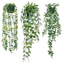 Pacote de 3 plantas artificiais suspensas Sggvecsy Eucalyptus com vasos