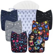 Pacote de 6 fraldas de pano Wegreeco com 6 inserções para bebês, +1 bolsa úmida Pacote de 6 fraldas de pano Wegreeco com 6 inserções para bebês, +1 bolsa úmida