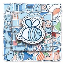 Pacote de adesivos Blue Aesthetic Cartoon Bee, Cat, 50 unidades