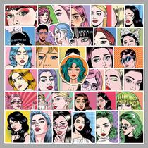 Pacote de adesivos Pop Art, 50 peças, estilo retrô, estilo quadrinho, rosto de menina Pacote de adesivos Pop Art, 50 peças, estilo retrô, estilo quadrinho, rosto de menina