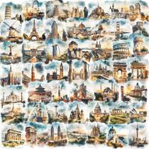 Pacote de adesivos World Architecture 50 unidades em aquarela Landmark