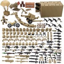 Pacote de armas militares com contêiner de carga, equipamento militar, capacete, armadura, 325 unidades, vários acessórios militares, brinquedos de blocos de construção compatíveis com as principais marcas de figuras de soldados (Desert Tan)