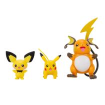 Pacote de bonecos de ação Pokémon Select Evolution Pichu, Pikachu e Raichu