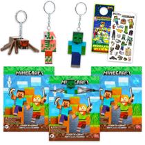 Pacote de Chaveiros Figuras Minecraft 3 Mini Figuras + Adesivos Pacote de Chaveiros Figuras Minecraft 3 Mini Figuras + Adesivos