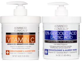 Pacote de cuidados com a pele Advanced Clinicals Creme clareador de vitamina C + 10% de ácido glicólico e loção corporal esfoliante de ácido lático