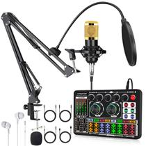Pacote de equipamento de podcast F999, estúdio de gravação de microfone condensador BM800, kit inicial de microfone de streaming de podcast com trocador de voz, interface de áudio de placa de som ao vivo para computador Vlog Living YouTube TikTok (Gold)