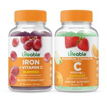 Pacote de gomas Lifeable Iron 20 mg mais vitamina C 1050 mg