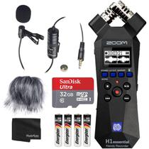 Pacote de gravador prático Zoom H1essential com microfone condensador profissional de lapela, cartão microSDHC de 32 GB, pára-brisas de microfone peludo, 4 pilhas alcalinas AAA e muito mais! Pacote de gravador prático Zoom H1essential com microfone condensador profissional de lapela, cartão microSDHC de 32 GB, pára-brisas de microfone peludo, 4 pilhas alcalinas AAA e muito mais!