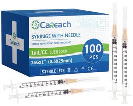 Pacote de seringa Careach 100, 1 ml, 25 Ga, 1 polegada com curvatura grande