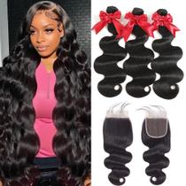 Pacotes de cabelo com fecho YIBUSI 12A Brazilian Body Wave 3x22 24 26 + 20cm