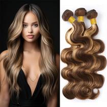 Pacotes de cabelo humano Highlight P4/613 Pacotes de cabelo humano Ombre Blonde Body Wave Feixes de dois tons de marrom misturado com loiro Pacotes de trama dupla, macios e sedosos para mulheres negras de 18 a 18 18 polegadas