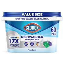 Pacotes de detergente para lava-louças Clorox Ultra+ 60 unidades para combater manchas