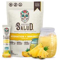 Pacotes de hidratação 2 em 1 Salud, além de eletrólitos imunológicos em pó, abacaxi mistura para bebidas com água fresca, sabugueiro, laticínios e soja, não transgênicos, sem glúten, vegano, de baixa caloria, 1 g de açúcar (15 porções)