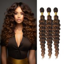 Pacotes de tecelagem de cabelo QEUOPE Highlight Brown Deep Curly 50-60 cm