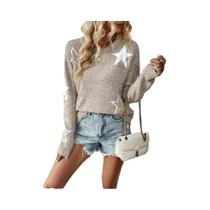 Padrão estrela de cinco pontas feminino malha camisola, gola redonda superior, elegante e elegante