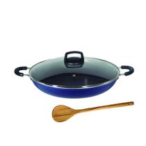 Paella Frigideira N30 Tacho Antiaderente Tampa Vidro Azul