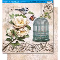 Página para Scrapbook Dupla Face Litoarte 30,5 x 30,5 cm - Modelo SD-371 Peônias, Pássaros e Gaiola/Arabesco