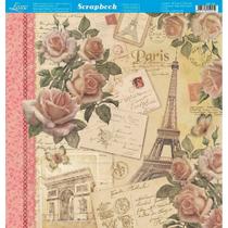 Página para Scrapbook Dupla Face Litoarte 30,5 x 30,5 cm - Modelo SD-701 Rosas, Cartas, Torre Eiffel, Arabescos