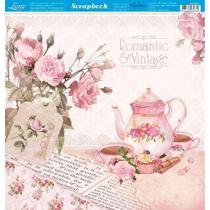 Página para Scrapbook Dupla Face Litoarte 30,5 x 30,5 cm - Modelo SD-859 Chá, Bule e Xícaras Rosas