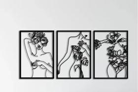 Painéis decorativos mulher e flores em mdf preto 3 pçs