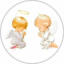 Painel Batizado Menina ou Menino com Anjinhos Pombas Espírito Santos Decoração Festa de Batismo Redondo com Elástico em Tecido Sublimado Premium