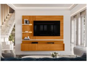 Painel C/ Rack Bancada Sala Estar TV Até 65 Polegadas 2 Fitas LED 2 Portas De Correr 3 Prateleiras Atena