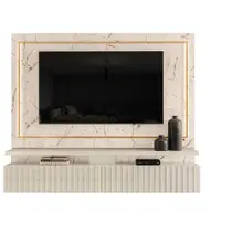 Painel C/ Rack Bancada Sala Estar TV Até 75 Polegadas 2 Fitas LED 2 Gavetas Com Detalhe Ripado Gaia