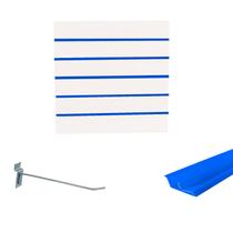 Painel Canaletado Branco em Mdf 0,61 x 0,61m com Perfil Pvc Azul e 20 Ganchos de 20cm Zincado Painel Canaletado Branco em Mdf 0,61 x 0,61m com Perfil Pvc Azul e 20 Ganchos de 20cm Zincado