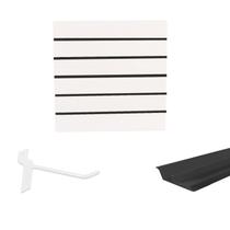 Painel Canaletado Branco em Mdf 0,61 x 0,61m com Perfil Pvc Preto e 10 Ganchos de 10cm Branco