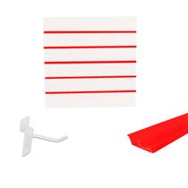 Painel Canaletado Branco em Mdf 0,61 x 0,61m com Perfil Pvc Vermelho e 20 Ganchos de 5cm Branco