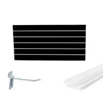 Painel Canaletado Preto em Mdf 0,61 x 1,22m com Perfil Pvc Branco e 30 Ganchos de 15cm Zincado Painel Canaletado Preto em Mdf 0,61 x 1,22m com Perfil Pvc Branco e 30 Ganchos de 15cm Zincado