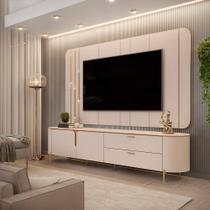 Painel com Bancada Celine Pés Metalicos em Dourado 241cm com LED Off White G18 - DJ Móveis