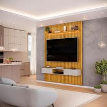 Painel com Bancada para TV até 65 Polegadas Ripado com LED DJ Móveis Trento 183 Cedro Bali Painel com Bancada para TV até 65 Polegadas Ripado com LED DJ Móveis Trento 183 Cedro Bali