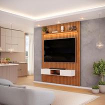 Painel com Bancada para TV até 65 Polegadas Ripado com LED DJ Móveis Trento 183 Freijó Off White