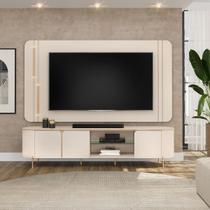 Painel com Bancada para TV até 75 Polegadas Com LED Rack Moderno Com Portas Nichos Prateleira de Vidro Premium Para Sala Com Design Sofisticado