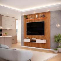 Painel com Bancada para TV até 75 Polegadas Ripado com LED DJ Móveis Trento 223 Freijó Off White