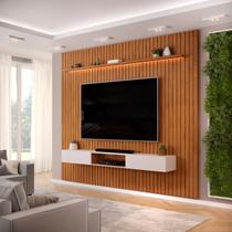 Painel com Bancada para TV até 75 Polegadas Ripado com LED DJ Móveis Trento 275 Freijó Off White Painel com Bancada para TV até 75 Polegadas Ripado com LED DJ Móveis Trento 275 Freijó Off White