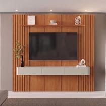 Painel com Rack para TV até 75 Polegadas 3 Gavetas 234cmx250cm Ripado 100% MDF Apolo Bege Naturalle/Off