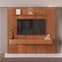 Painel com Rack para TV até 75 Polegadas 3 Gavetas 234cmx250cm Ripado 100% MDF Apolo Marrom Naturalle Painel com Rack para TV até 75 Polegadas 3 Gavetas 234cmx250cm Ripado 100% MDF Apolo Marrom Naturalle