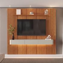 Painel com Rack para TV até 75 Polegadas 3 Gavetas 234cmx250cm Ripado com LED 100% MDF Apolo