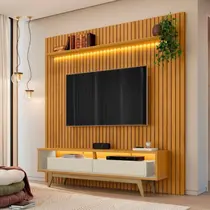 Painel com Rack para Tv até 75 Polegadas Ripado com 2 Prateleiras com LED 100% MDF Roma