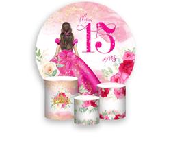 Painel De Festa 1,5x1,5 + Trio Capa Cilindro - 15 Anos Princesa Pink 144 - Via Cores