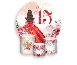 Painel De Festa 1,5x1,5 + Trio Capa Cilindro - 15 Anos Princesa Vermelho 147