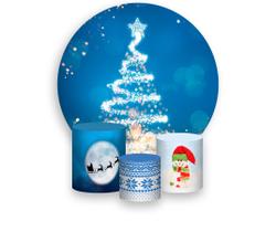 Painel De Festa 1,5x1,5 + Trio Capa Cilindro - Árvore Efeito Glitter Natal Azul 013