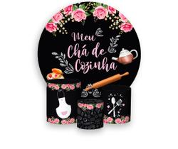 Painel De Festa 1,5x1,5 + Trio Capa Cilindro - Chalkboard Meu Chá de Cozinha 02 - Via Cores