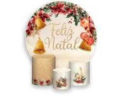 Painel De Festa 1,5x1,5 + Trio Capa Cilindro - Feliz Natal Flores Vermelhas Sinos 025