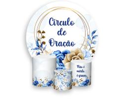 Painel De Festa 1,5x1,5 + Trio Capa Cilindro - Floral Azul Circulo de Oração 017