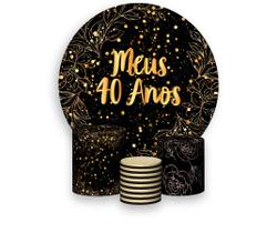 Painel De Festa 1,5x1,5 + Trio Capa Cilindro - Fundo Preto Folhagens Efeito Brilhos Meus 40 Anos Dourado 117